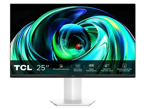 Tcl monitor gaming 24,5 mled ips 16:9 fhd 5ms 144hz 450 cdm, miniled direct-84, 99 srgb, vga/hdmi, bianco - 25G54