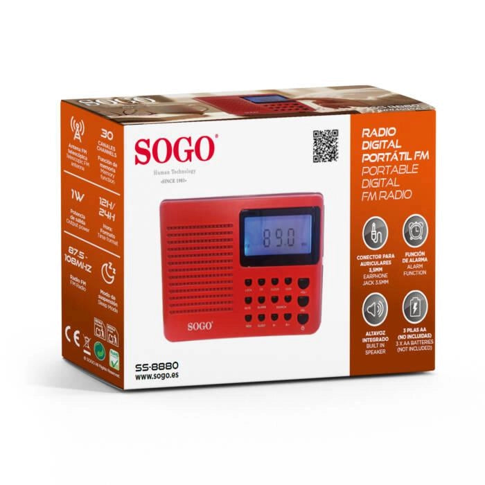 Radio digitale portatile FM con antenna telescopica, 30 canali memoria, display LCD, sveglia e modalità sleep - SOGO