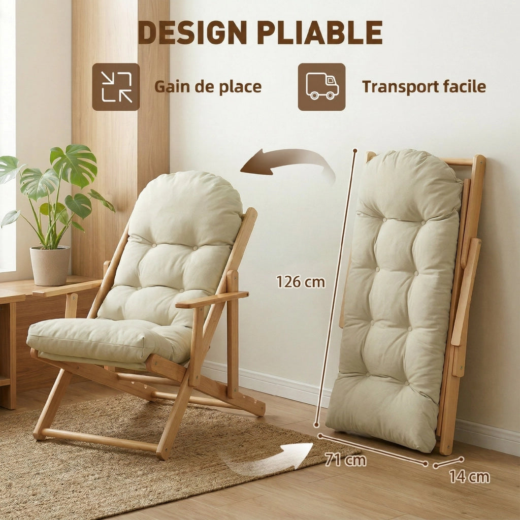 Poltrona Relax Pieghevole e Reclinabile in Legno con Cuscino ¨C zephmum ¨C Grigio