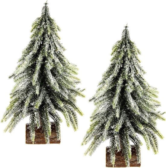 Mini Albero di Natale Artificiale su Piede di Legno con Neve 15x15x25 cm - Set da 2