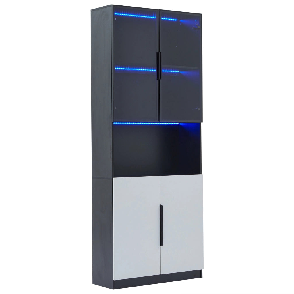Vetrina con LED e ante in vetro, vano aperto e ripiano regolabile, per soggiorno e sala da pranzo, bianca 80 × 30 × 200 cm