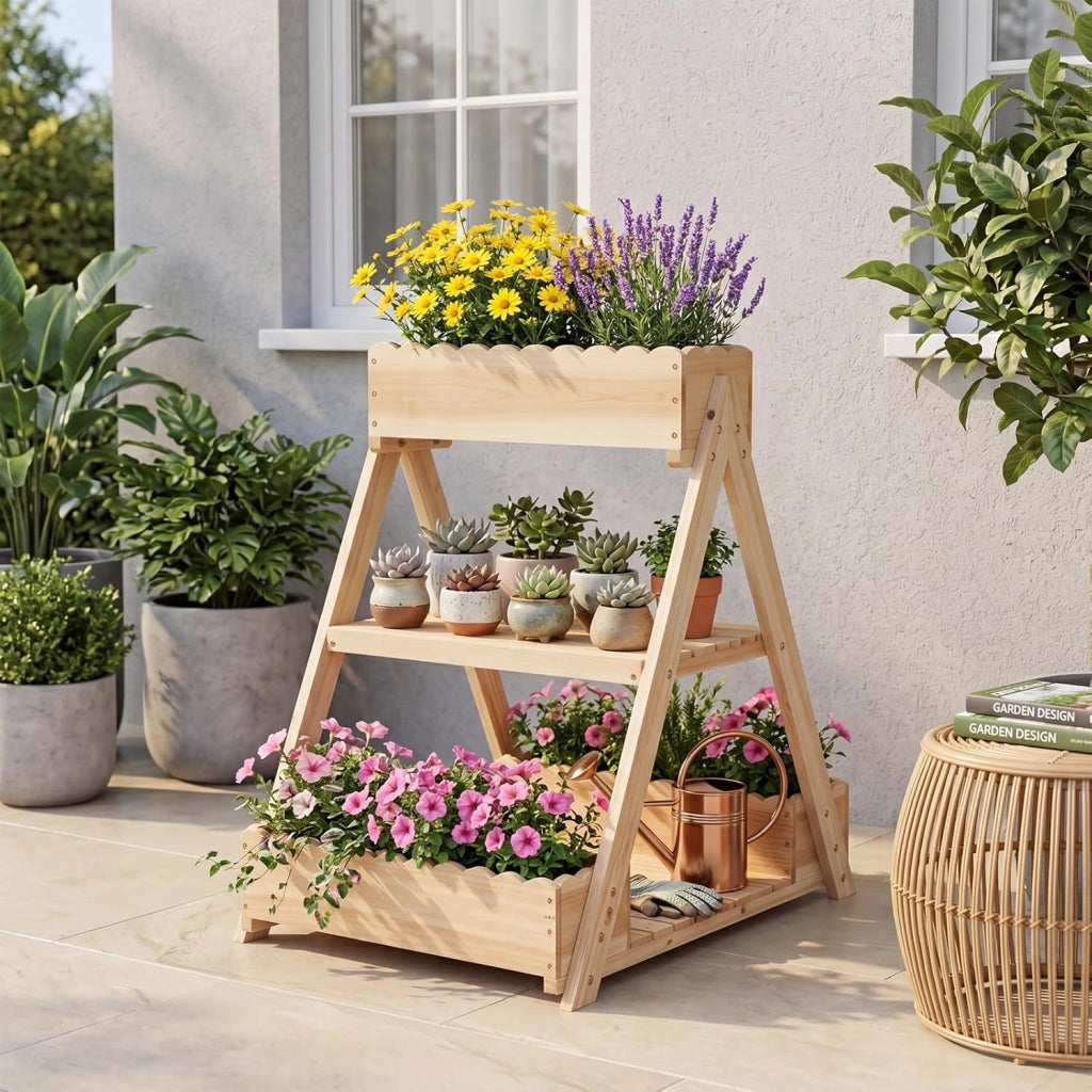 Orto Rialzato da Giardino a 3 Livelli, Fioriera Rialzata in Legno Massello con 3 Vasi e 2 Ripiani, Fioriere Verticali a Scale da Esterno e Interno per Balcone e Terrazza, 66 x 58 x 60 cm