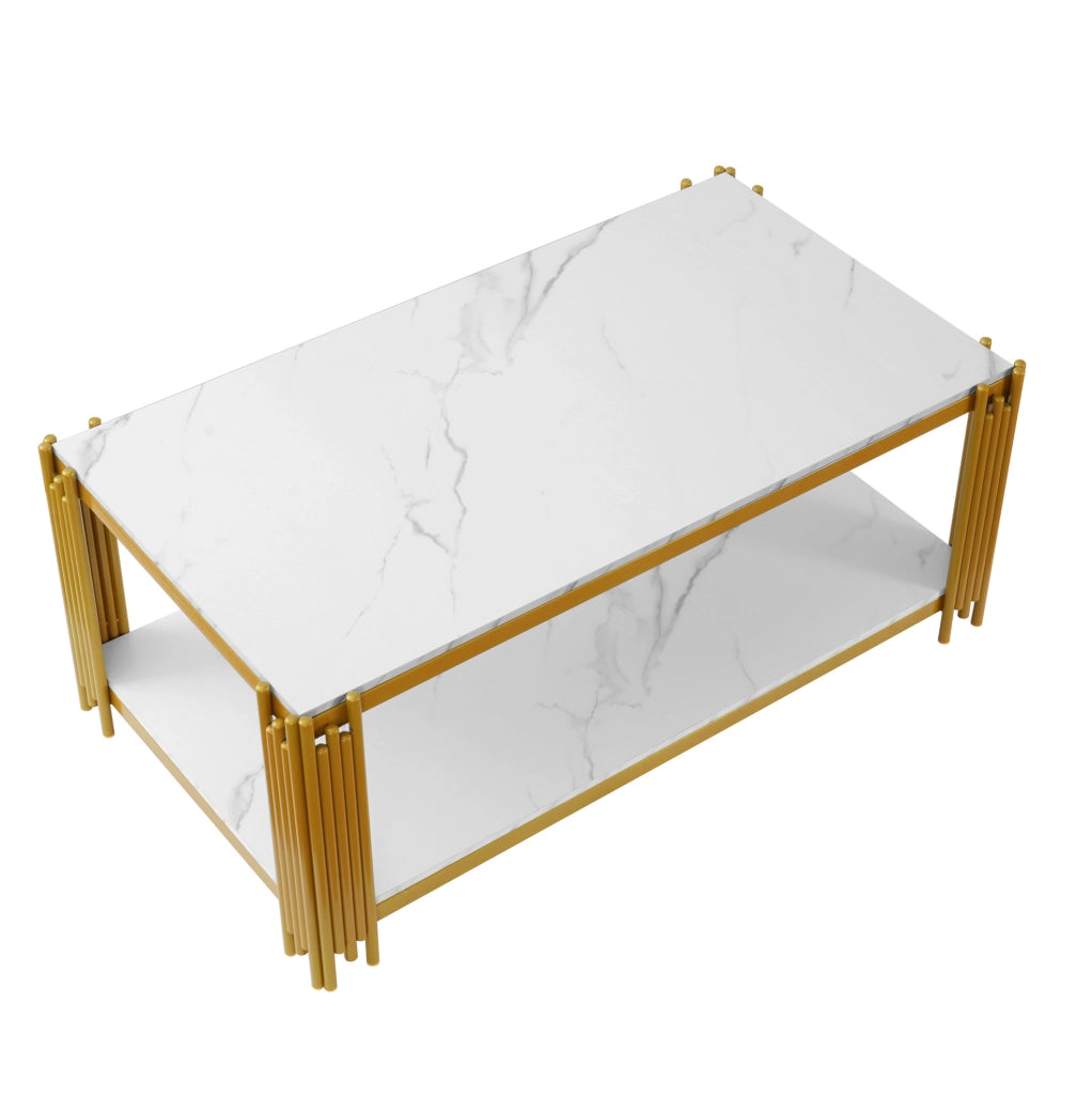 Tavolino da caffè rettangolare moderno con doppi ripiani, struttura in MDF e metallo, bianco/oro