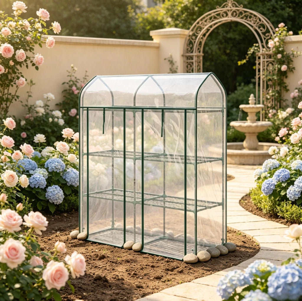 Mini serra da giardino a 3 livelli con copertura trasparente e struttura in acciaio