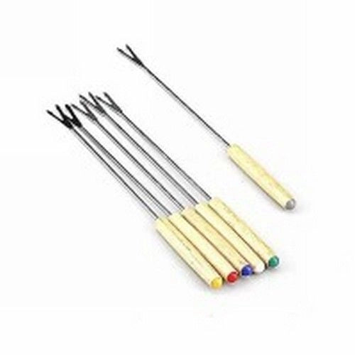 Kaufgut KAU560366 Set 6 Forchettine da Fonduta manico legno naturale punta acciaio cromato 31 cm colore Naturale