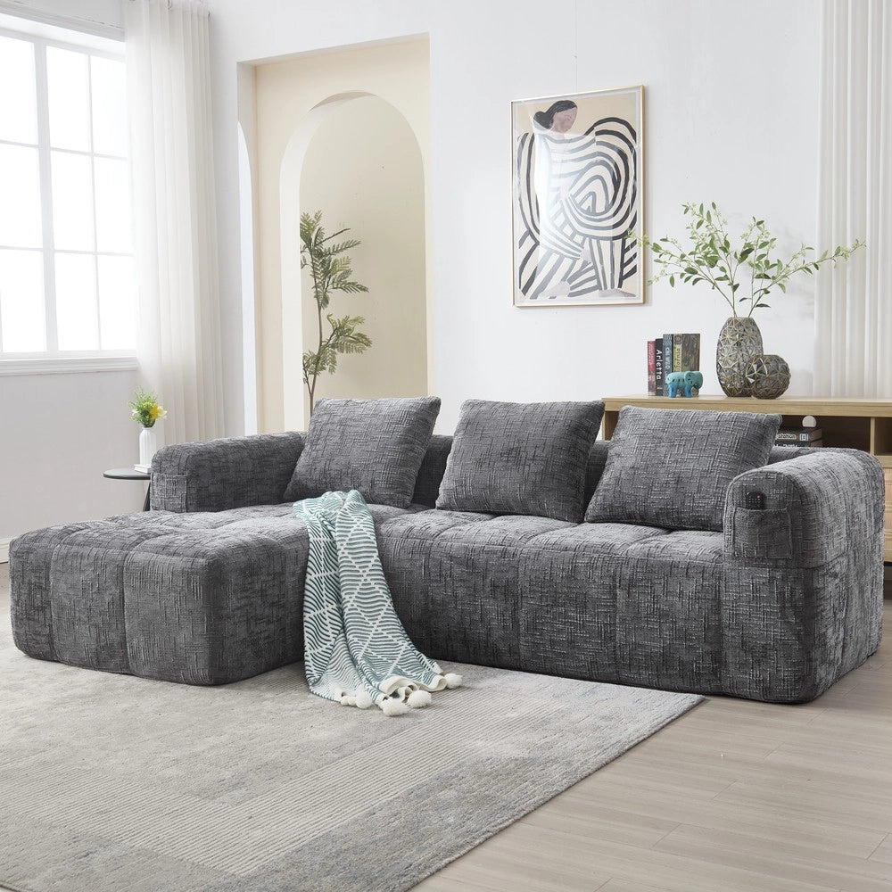Divano angolare 3 posti con chaise longue braccioli e cuscini ¨C Minimal ¨C grigio tessuto chenille
