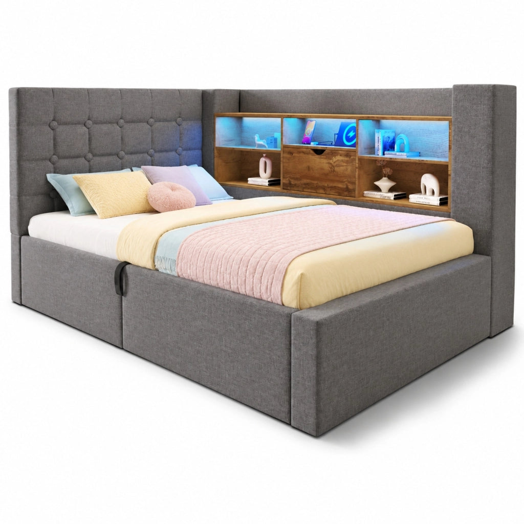 Letto singolo 90x190 cm con LED, contenitore idraulico e testiera L reversibile, grigio