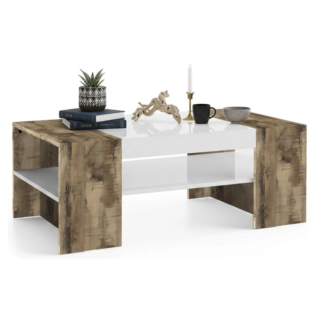 Tavolino da Ashar, Made in Italy, Tavolo da salotto, cm 110x60h40, Bianco lucido e Acero