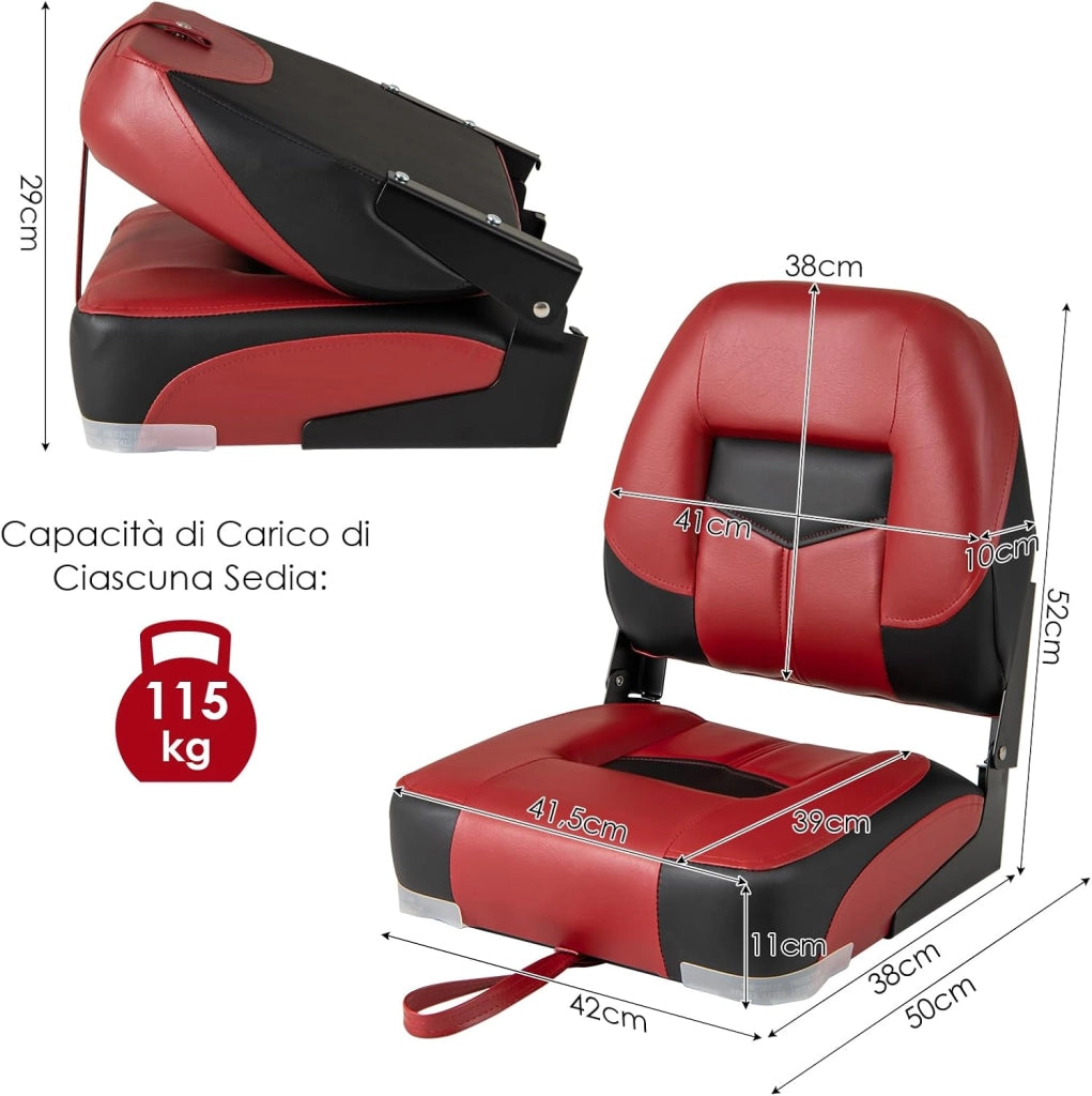 Set di 2 Sedie da Barca, Sedie per Barca Con Schienale Basso, Sedia Pieghevole, con Schiuma Spessa, Cinghia di Fissaggio, 50 x 42 x 52 cm (Rosso)