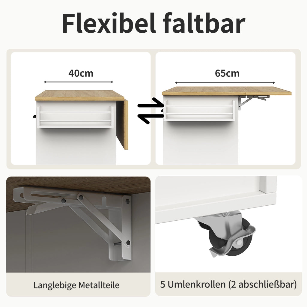 Carrello da Cucina con 3 Cassetti; 2 Ante; Portaspezie; Portaasciugamani e Piano Ribaltabile in MDF 104x39;5x91;5 cm Bianco