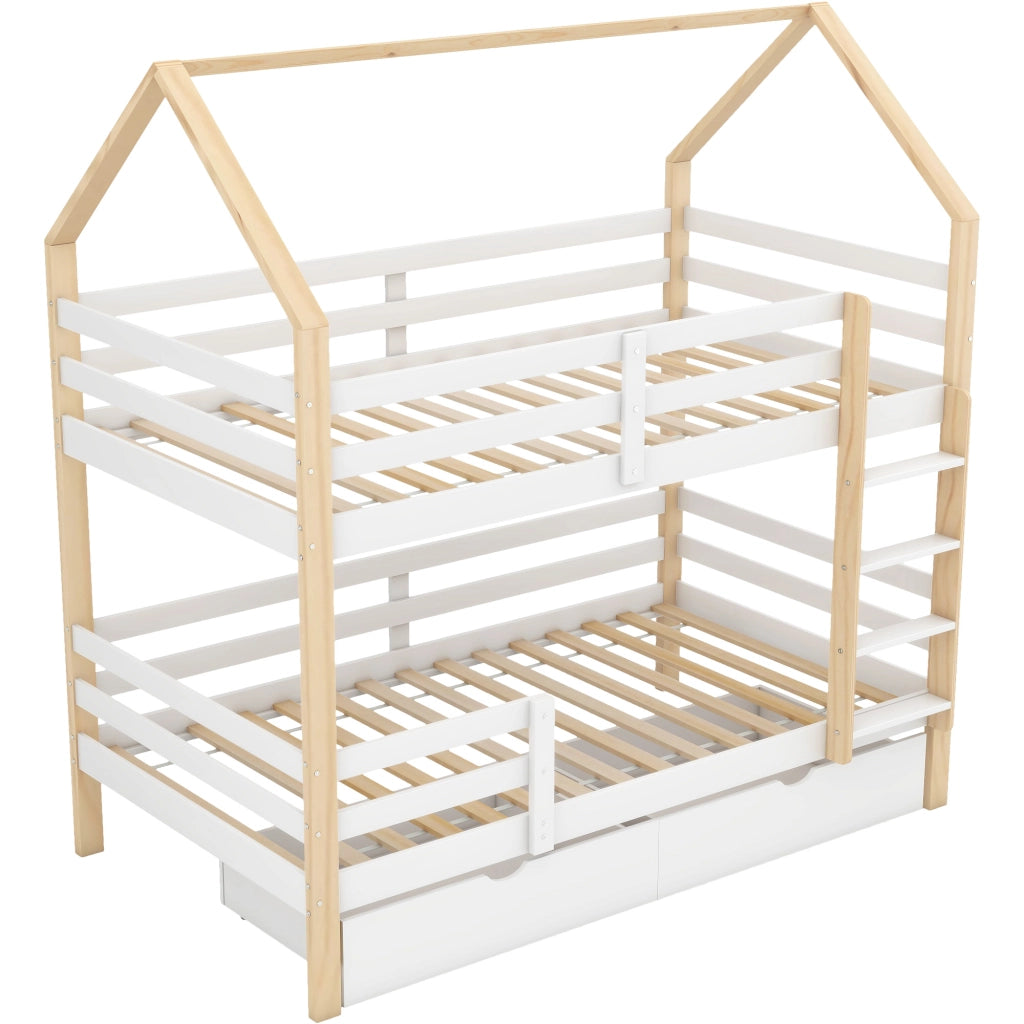 Letto a casetta per bambini 90x200 cm in legno di pino, con grandi cassetti e rete a doghe, bianco e rovere
