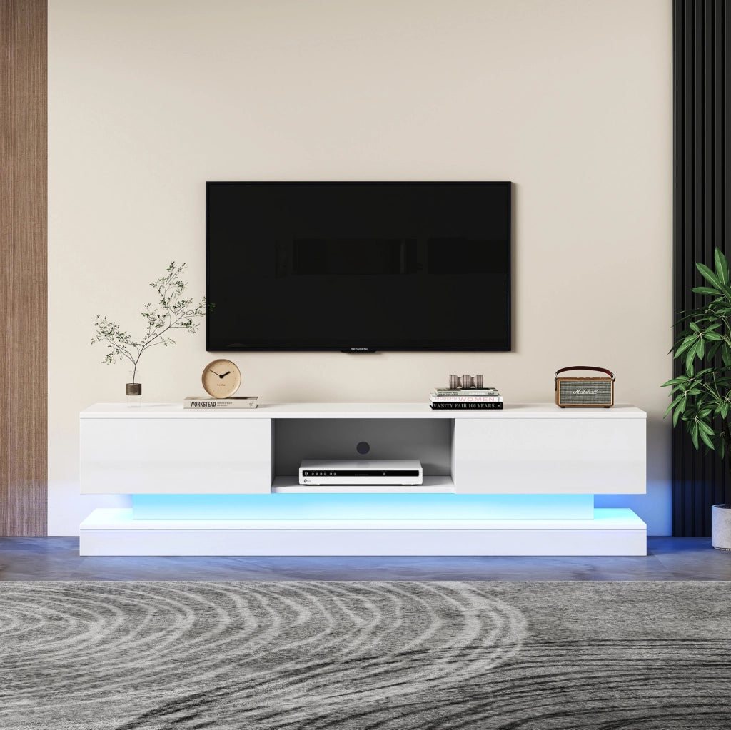 Mobile TV 160x35x40.5 cm con luci LED; 2 cassetti; design antiribaltamento; truciolare bianco lucido
