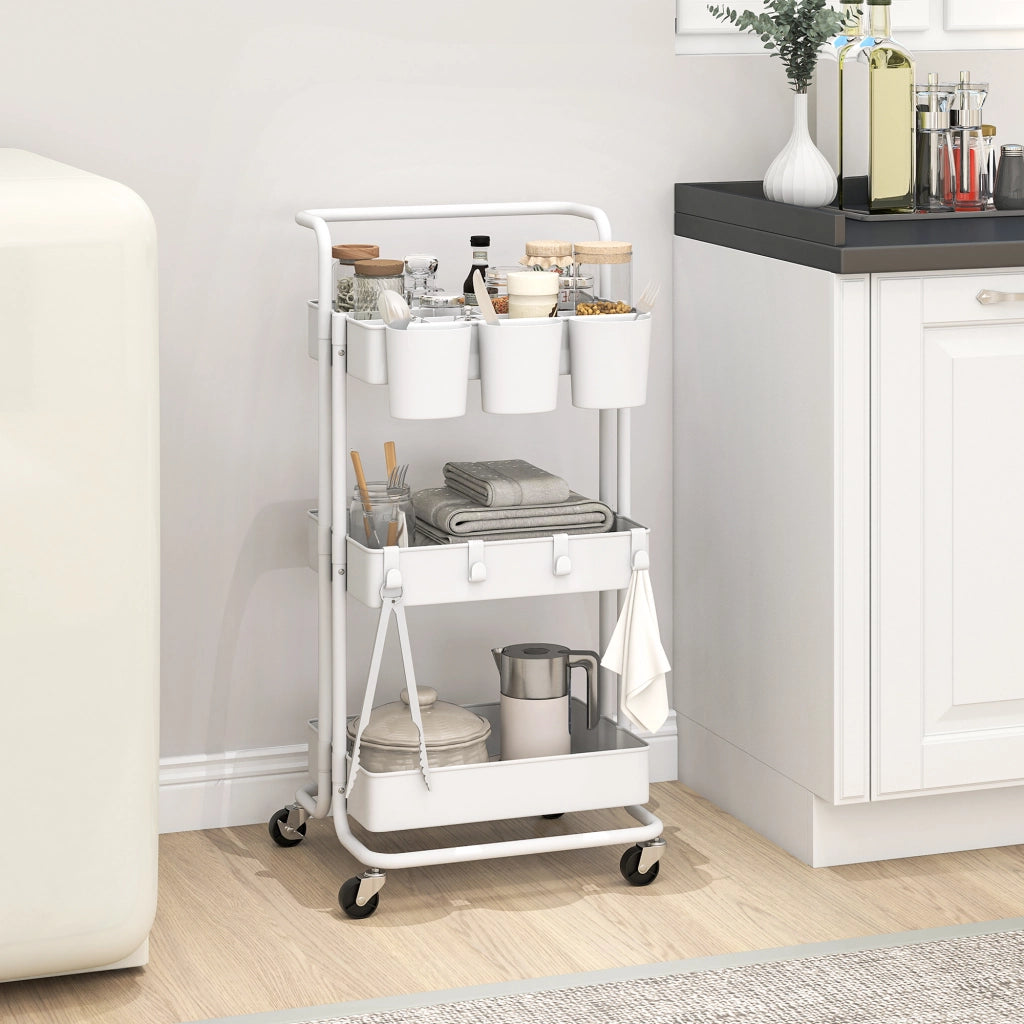 Carrello da Cucina Multiuso a 3 Livelli con Cestini e Ganci Rimovibili Ripiano con 12 Divisori in Acciaio e ABS Bianco