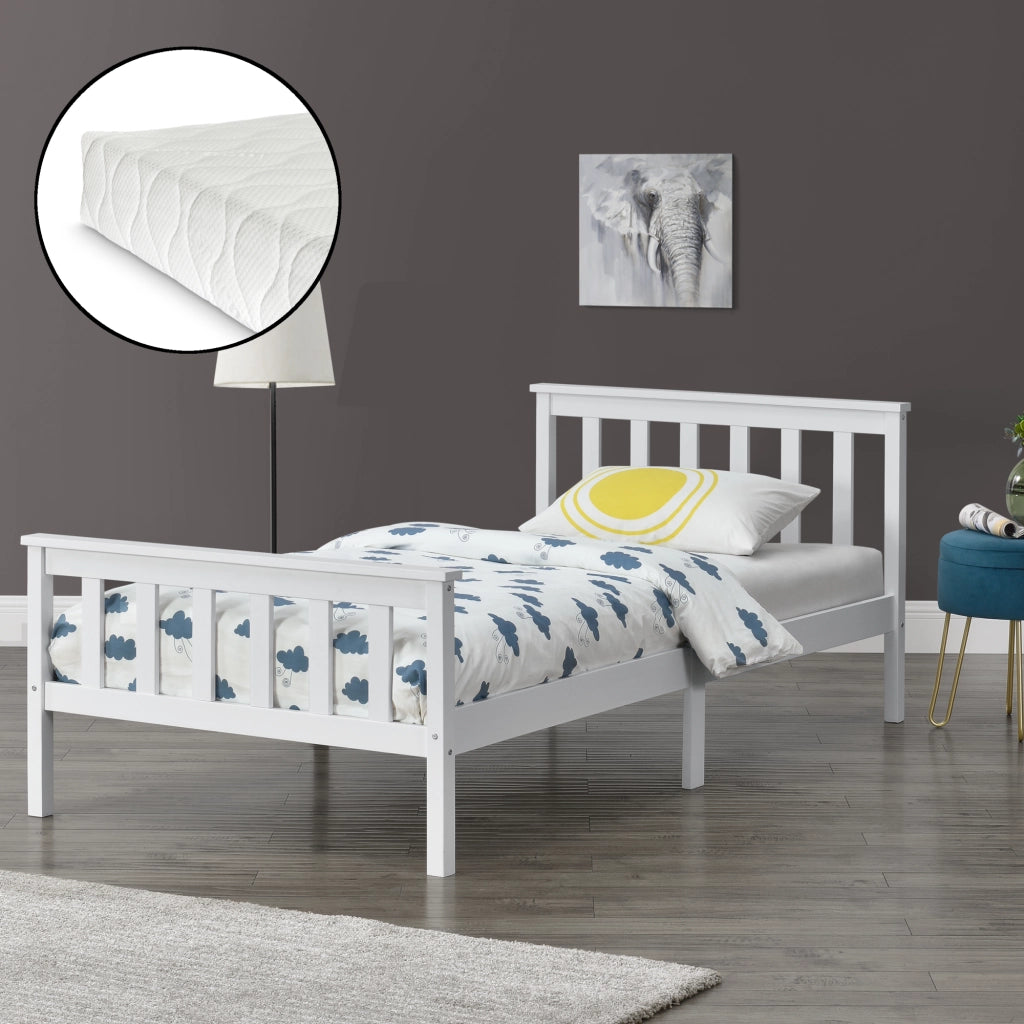 Letto 1 Piazza e Mezza in Legno di Pino con Materasso Ipoallergenico 120 x 200 cm Letto con Testiera e Pediera Alte - Bianco