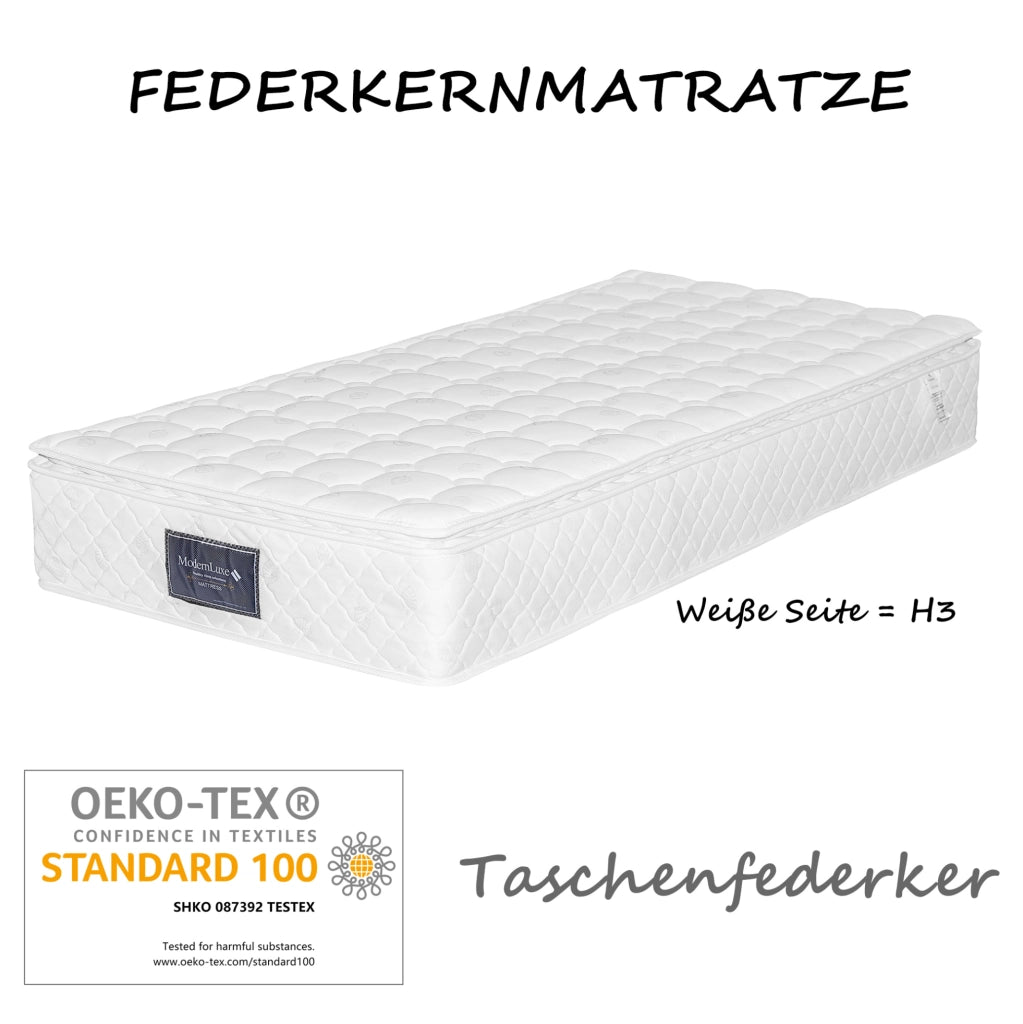 Letto singolo imbottito 90x200 cm in lino blu con testiera alta; rete a doghe e materasso