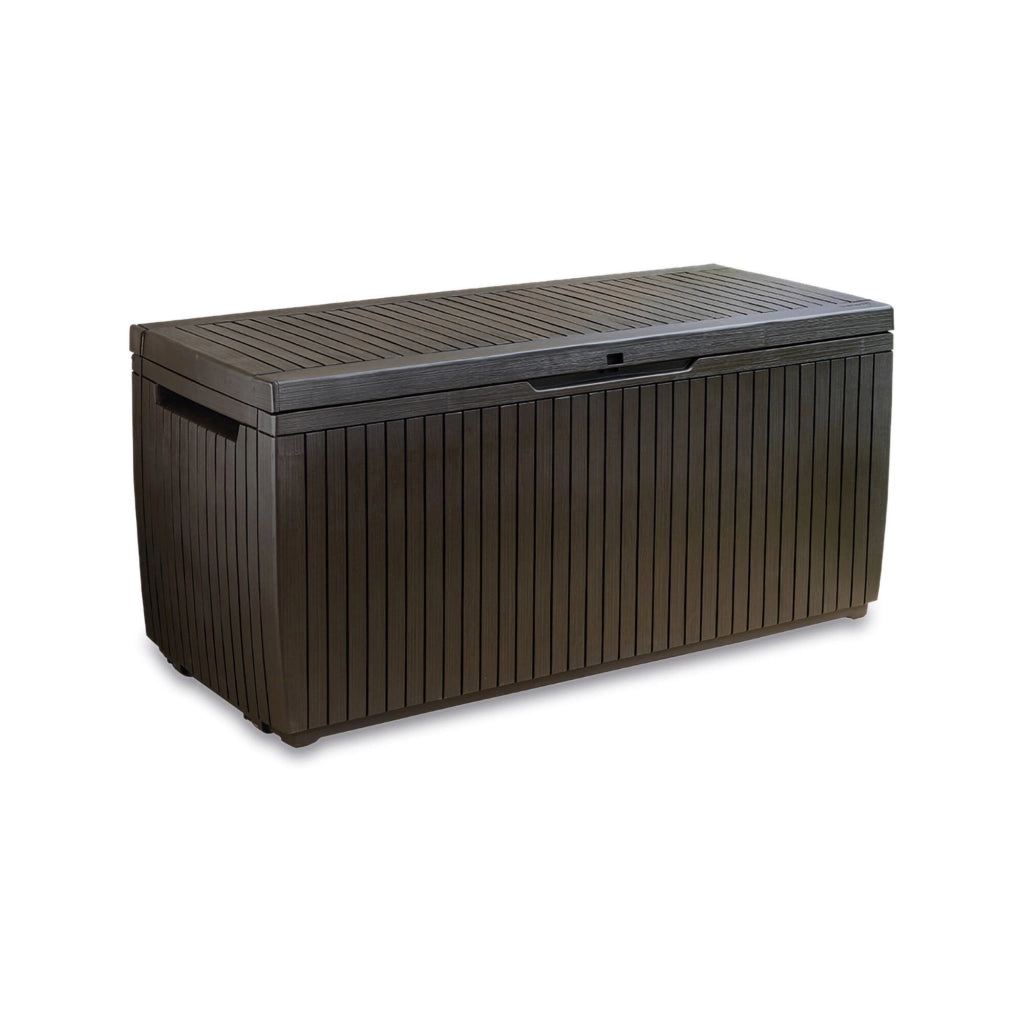 Cassapanca outdoor Burlington, Baule da giardino, Contenitore da esterno, Panchina contenitore da esterno, 123x54 h57 cm, Marrone