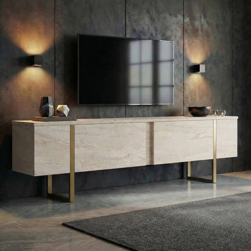Abishia, Mobile Porta tv 2 Ante, 180x30x50h cm Bianco Marmo