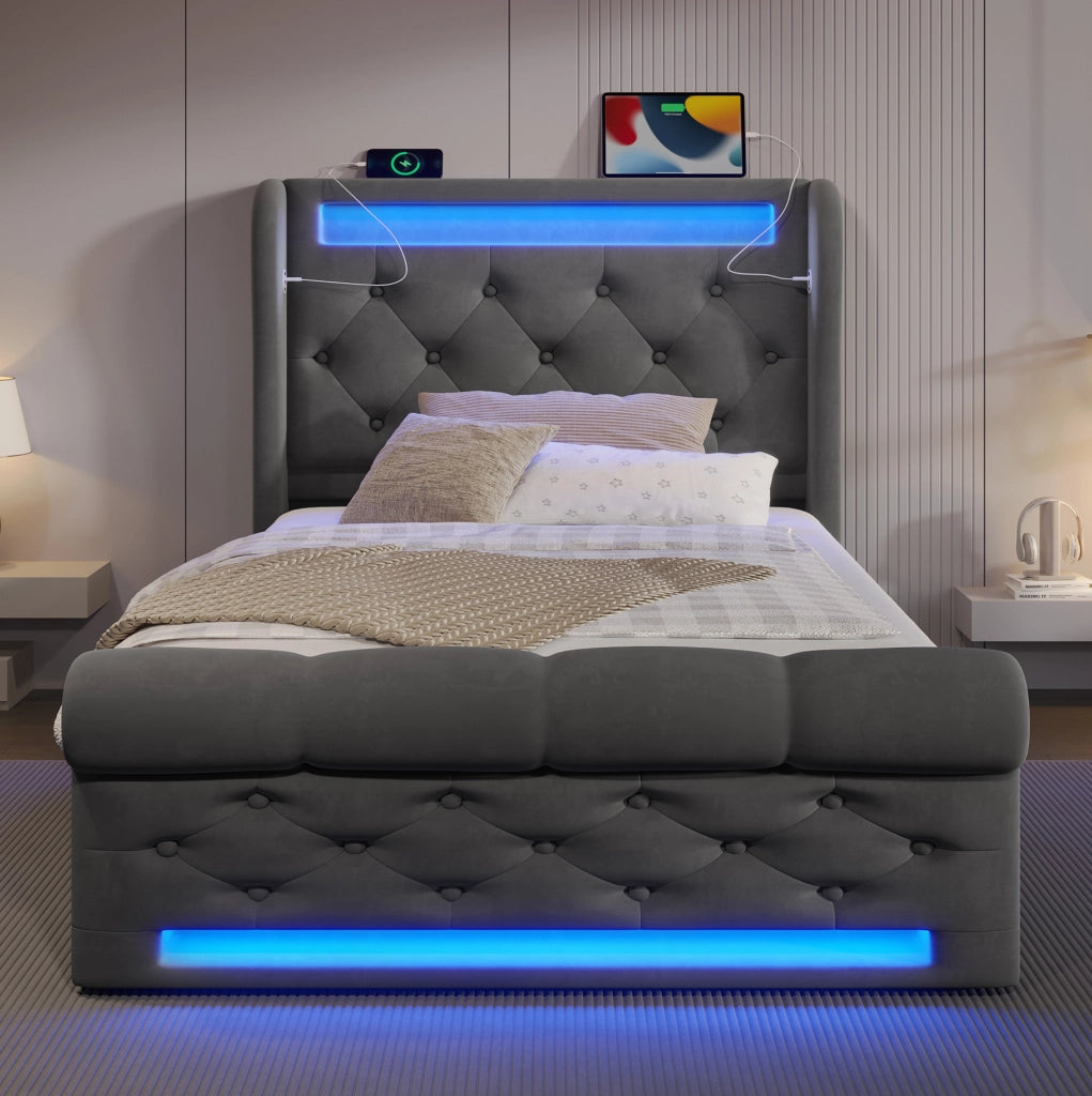 Letto singolo imbottito 90x200 cm in velluto grigio con LED; USB e Type-C; contenitore idraulico