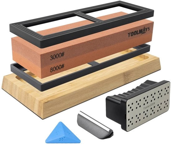 Set di pietre abrasive con base di bambù antiscivolo, guida angolare e pietra di abrasione doppia faccia, Grit 3000/8000