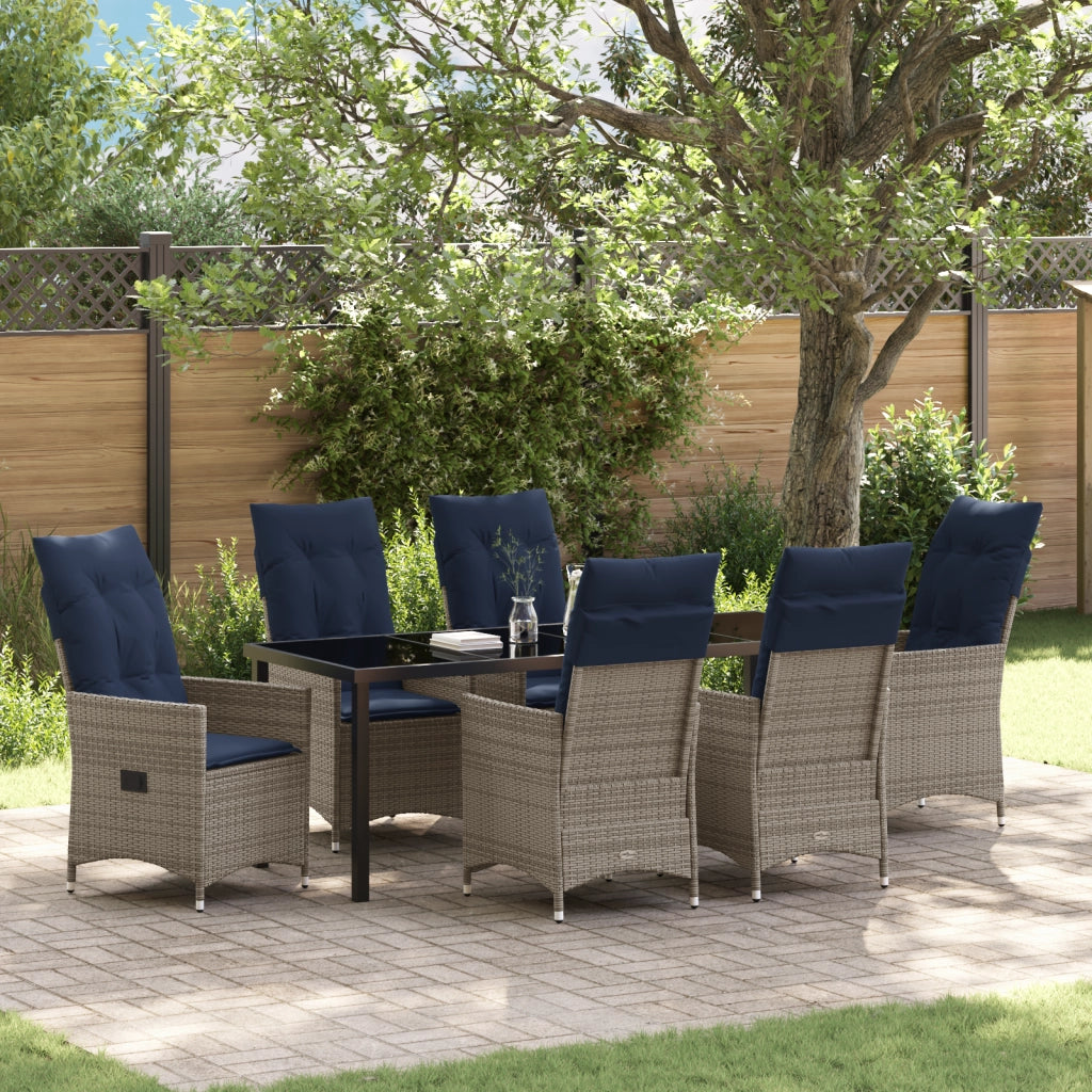 Set da pranzo da giardino 7 pezzi  con cuscini in rattan grigio