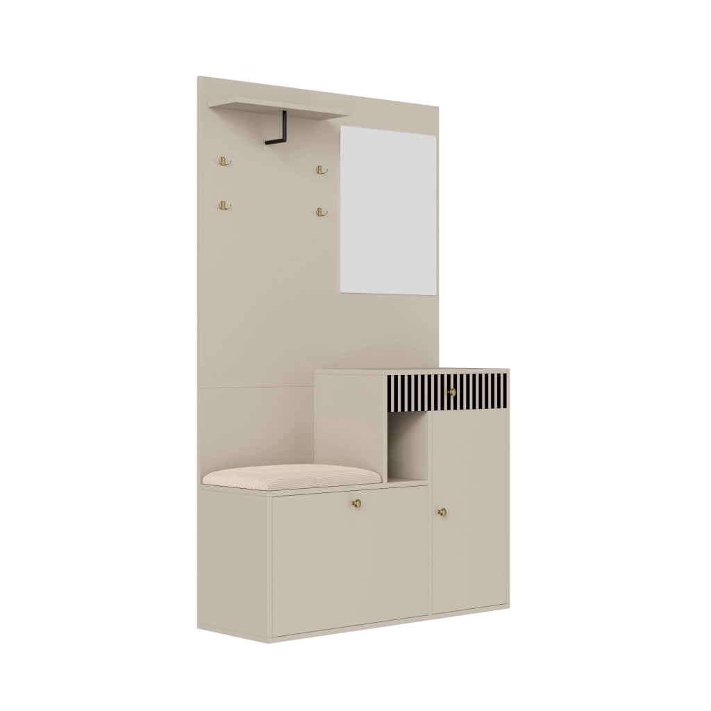 Set mobili da ingresso con specchio, panca imbottita, ripiani, appendiabiti e scarpiera in MDF Beige Crema