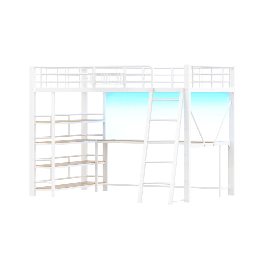 Letto a soppalco 140x200 cm con scrivania, LED, USB e ripiani bianco