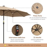 Ombrellone da Giardino Doppio 4.5m con 48 Luci LED e Manovella, Cachi