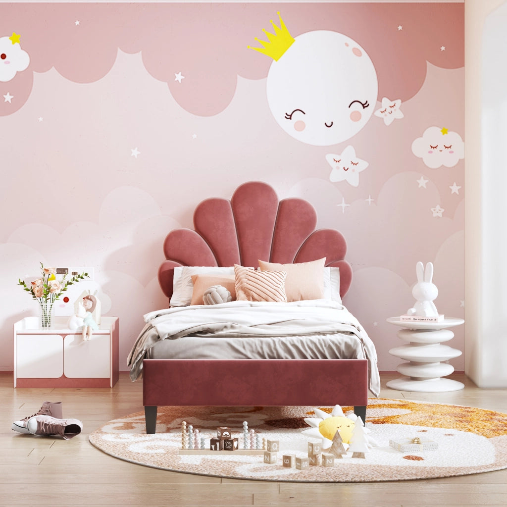 Letto Singolo 90 x 200 cm; 1 Posto con Testiera a Fiore; senza Materasso; Imbottito; Rosso