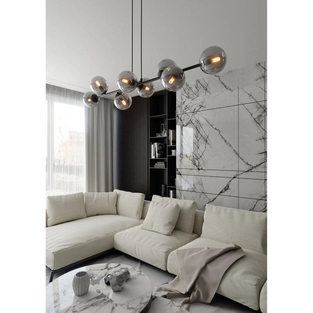 Lampadario Contemporaneo 8 Luci Durga In Acciaio Nero E Sfere In Vetro Fumè