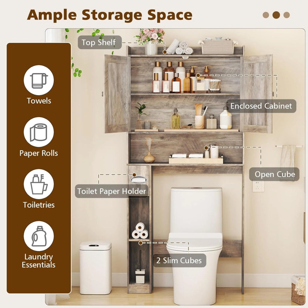 Armadietto WC per bagno, armadietto con 2 ante a battente, ripiani regolabili e scomparti per carta igienica, salvaspazio per WC, 81,5 x 19,5 x 172,5 cm (grigio)