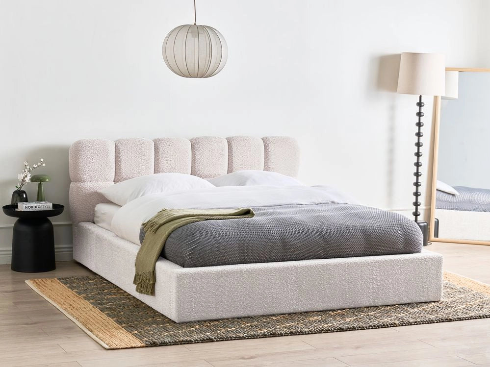 Letto King Size EU in tessuto bouclé beige chiaro 160 x 200 cm Struttura imbottita con testiera effetto biscotto e vano contenitore