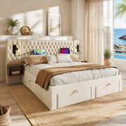 Letto con cassetti 160 × 200 cm con 4 cassetti 2 comodini luci da lettura USB Type C velluto beige