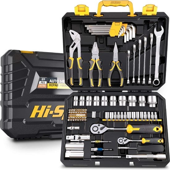 Set di attrezzi di lusso per auto con bocchette metriche. Set di 82 pezzi di attrezzi di lusso per auto, bicicletta e veicoli per la riparazione e il mantenimento. Completo in una borsa portatile