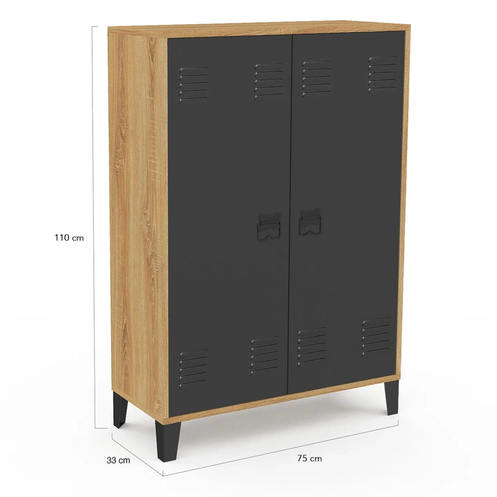 IDMarket - ESTER Mueble de café de 2 puertas de metal negro con marco de madera de diseño industrial