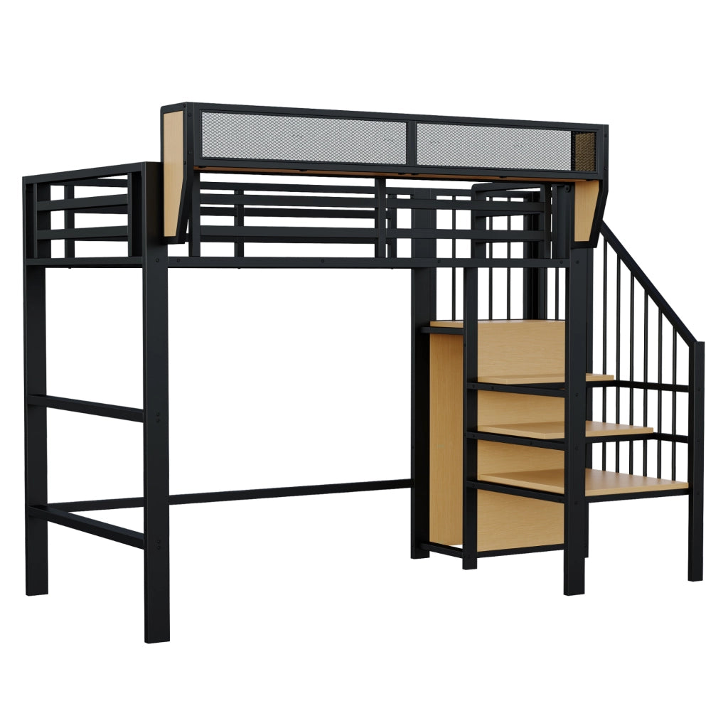 Letto a soppalco 90x200 in metallo con scala di sicurezza e ripiano modulabile, nero