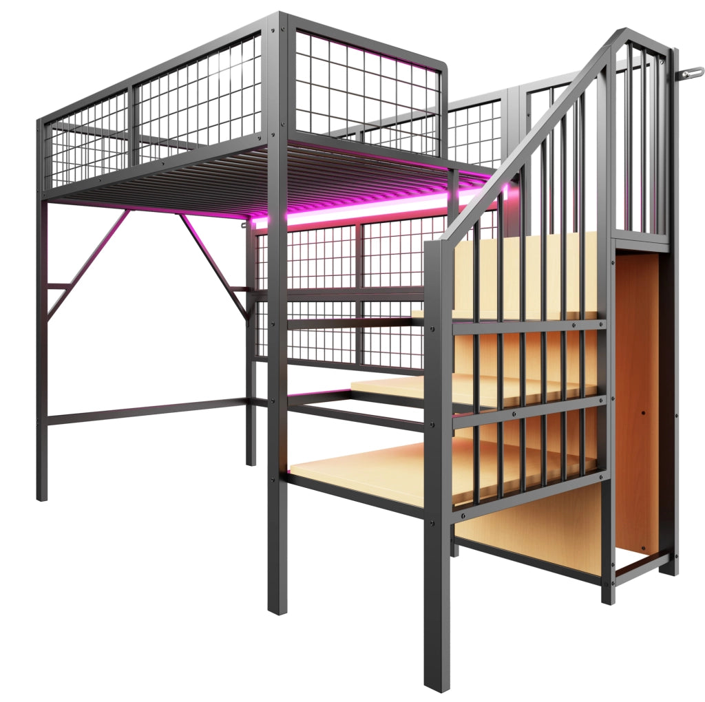 Letto a soppalco 90x200 cm in metallo nero con scala contenitore e LED APP