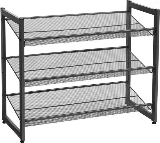 Scaffale per Scarpe in Metallo, con 3 Livelli, Raccordo a Maglia, Piastra Regolabile, Pannelli Orizzontali o Inclinati, Scaffale Ripiegabile, 74 x 62,8 x 30,7 cm, Nero