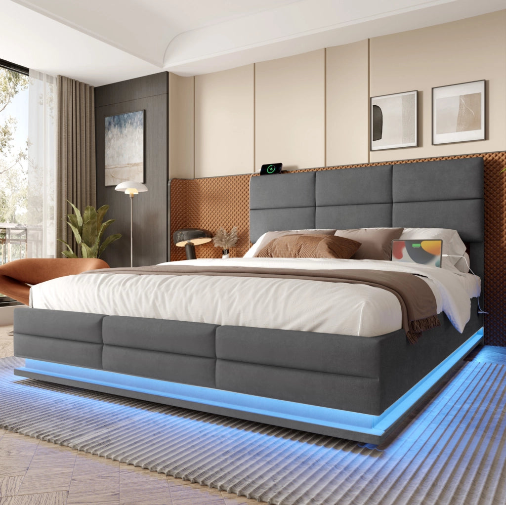 Letto 140x200 cm con testiera regolabile; LED; USB e contenitore in velluto grigio scuro