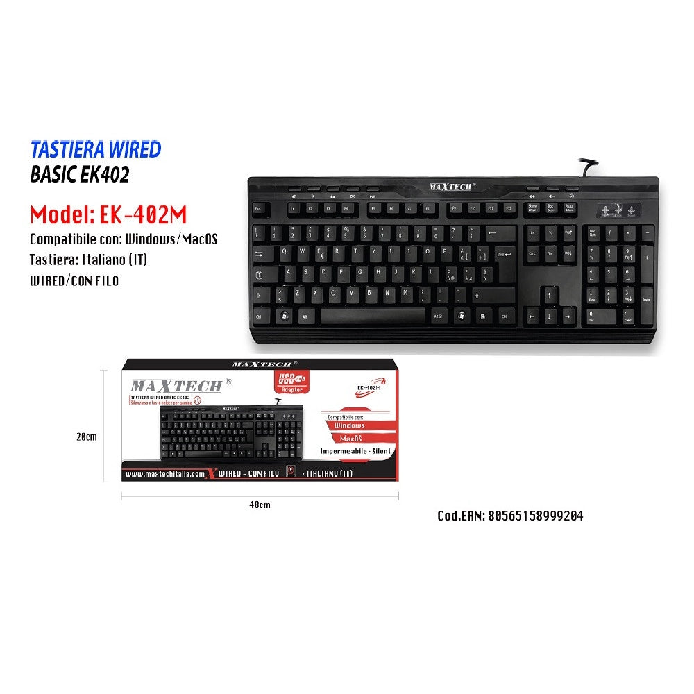 Trade Shop - Tastiera Con Filo Usb 2.0 Confort Impermeabile Silenzioso Windows Macos Maxtech Ek-402m -