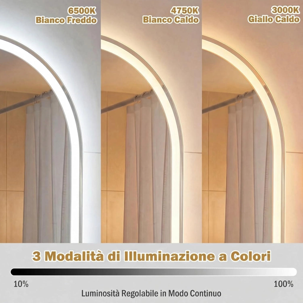 Specchio Bagno con Luce 80 x 50 cm, Specchio Ovale da Parete in Vetro Temperato IP44 con 3 Colori Dimmerabile, Antiappannamento, Memoria, Orizzontale/Verticale (80 x 50 cm, Modello 2)
