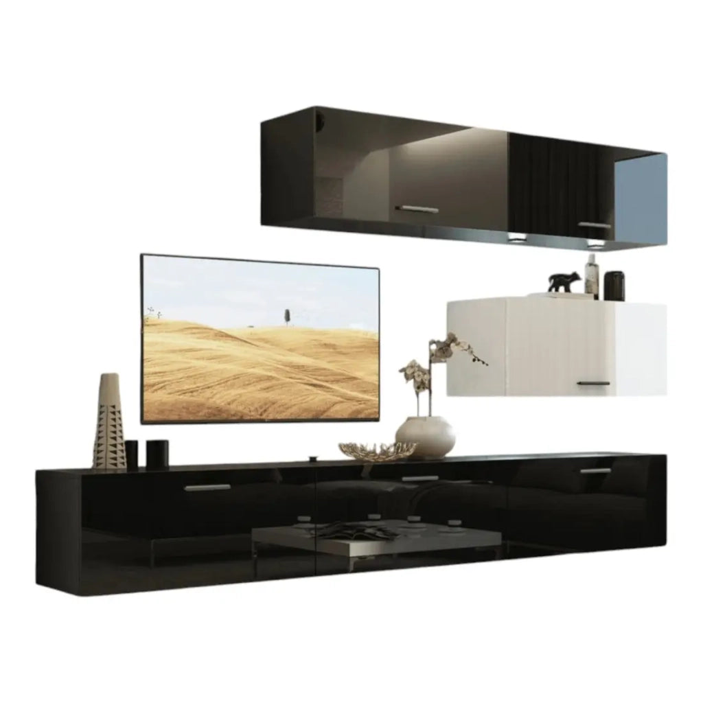 Set di mobili da soggiorno nero e bianco, sospesi collezione CEPTO XXV. 249cm, 6 pezzi, con LED, modulari.