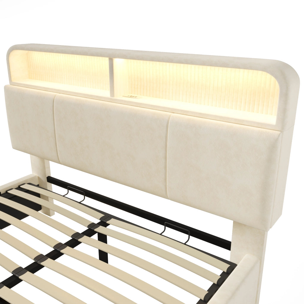 Letto 180x200 cm con contenitore; LED e stazione di ricarica in velluto beige