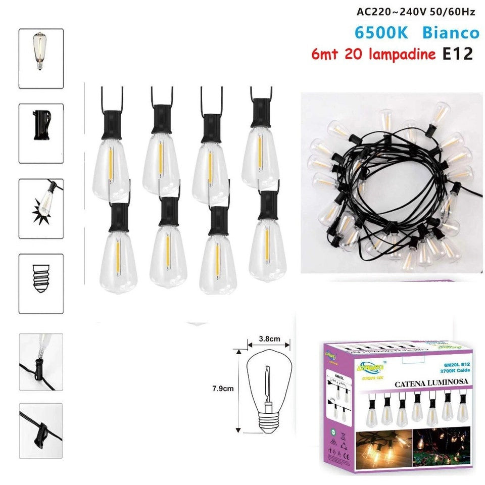 CATENARIA CATENA LUMINOSA 6MT CON 20 LAMPADINE E12 ESTERNO LUCE FREDDA 6500K