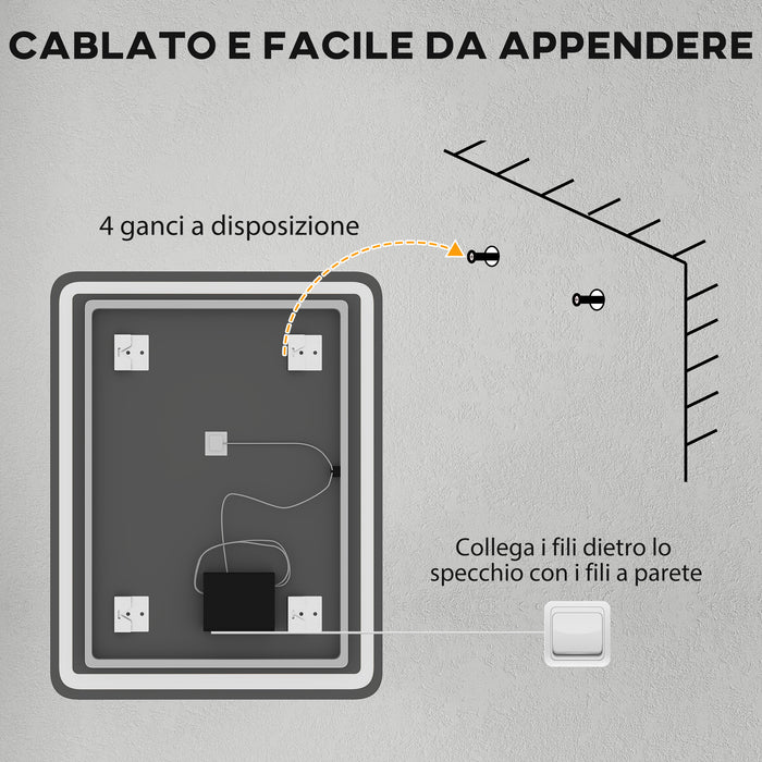 Specchio Bagno 70x90 cm LED Touch con Luce Dimmerabile a 3 Temperature e Antiappannamento