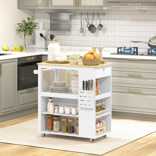 Carrello da Cucina Piano in Legno Isola Multiuso con Portaspezie e Portasciugamani 86,5x47x88 cm in Legno Bianco