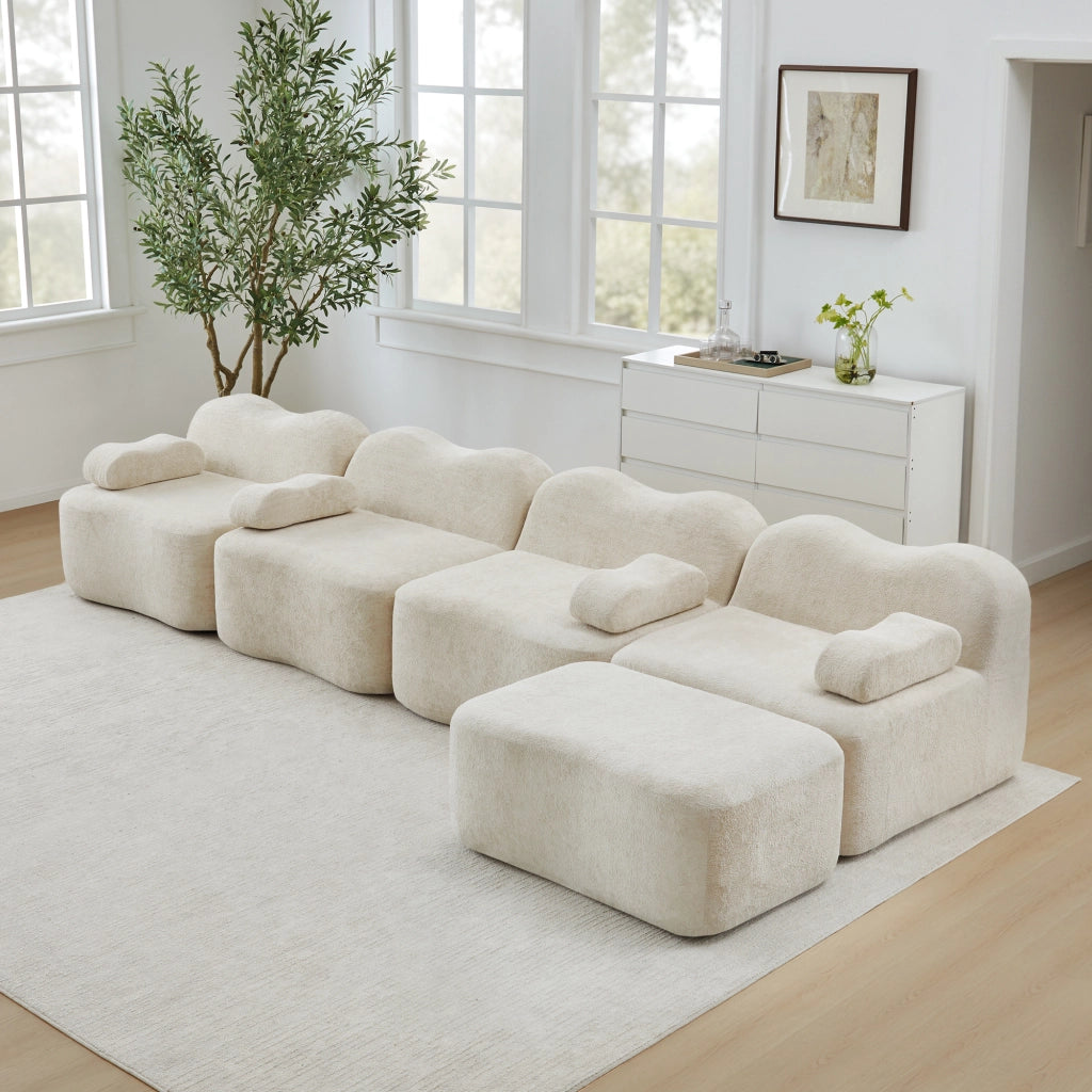 Divano modulare angolare 4 posti senza struttura con pouf, seduta profonda e braccioli mobili, in velluto beige