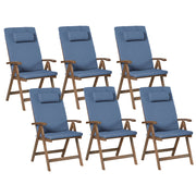 Set di 6 sedie da giardino in stile rustico in legno di acacia naturale, regolabili e pieghevoli con braccioli, cuscini marrone scuro e blu