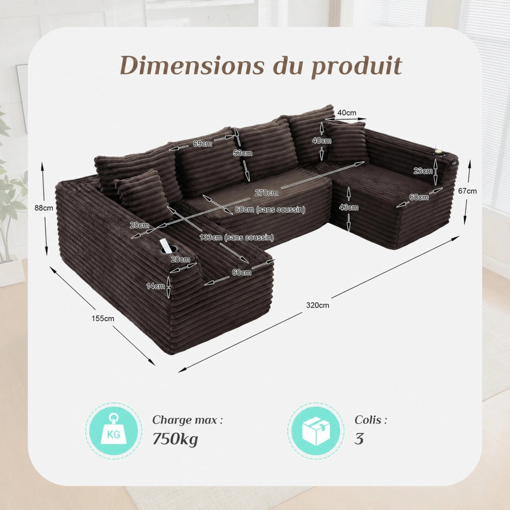 Divano modulare a U con portabicchieri e tasche laterali in corduroy marrone 320 × 155 × 88 cm