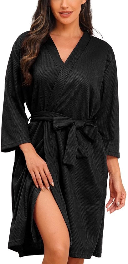 Camicia da Sauna Wafelata 3/4 con Maniche a Cappuccio, Lunghezza Knielange, in Tela Wafelata, Colore Nero, Dimensione XXL