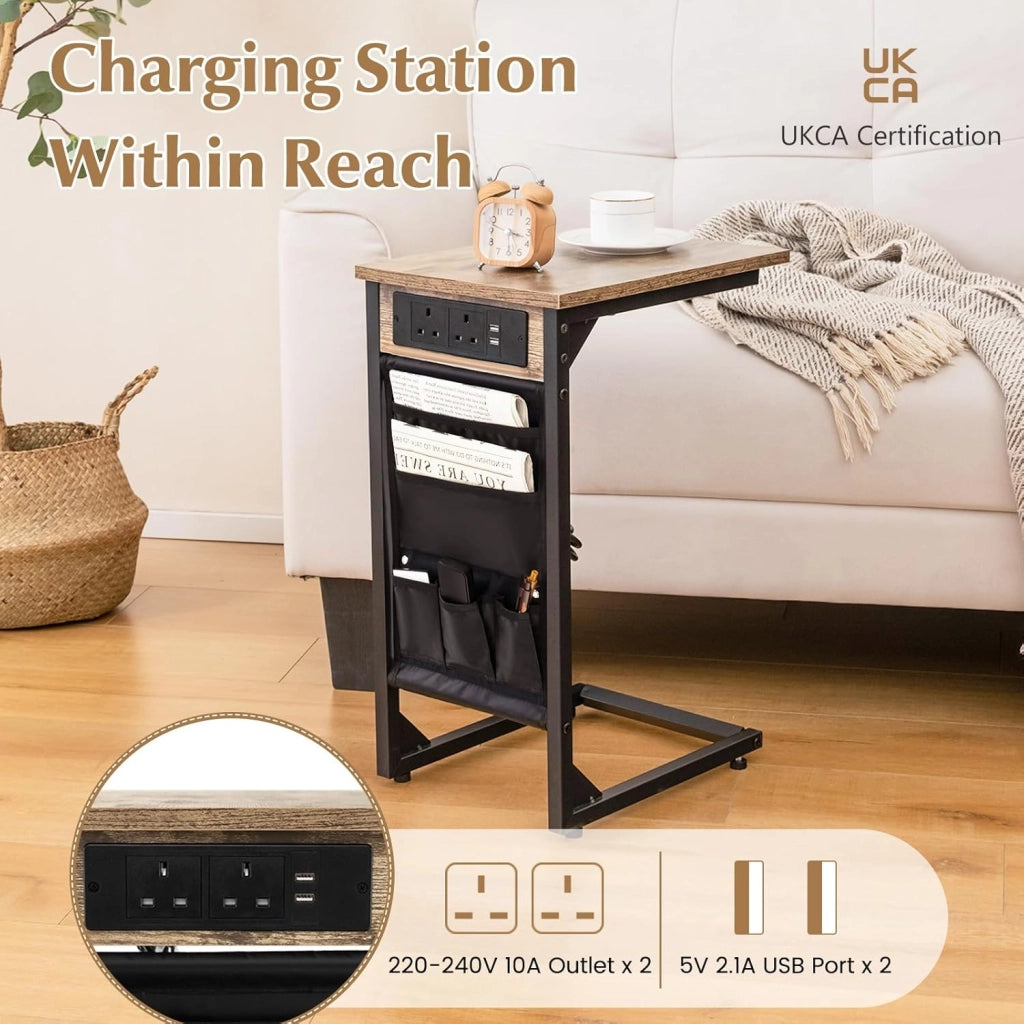 Set di 2 tavolini a forma di C con stazione di ricarica, estremità del divano con borsa laterale, 2 prese e 2 porte USB, comodino, per soggiorno, camera da letto, 40 x 30 x 60 cm
